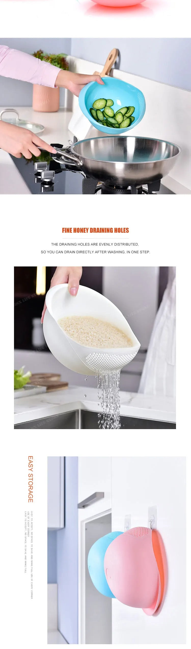 Rice Fruit Vegetable Bean Sieve Strainer Plastic Filter Kitchen Drain Basket Rice Bowl Strainer With Handle